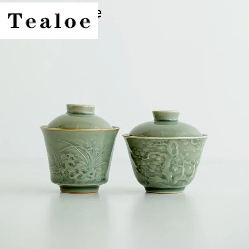 

100 мл Yue Kiln Celadon Tea Tureen Relief Поздравительная сосновая орхидея Крытая чайная чаша с крышкой Устройство для приготовления чая Gaiwan Kung Fu Чайный набор