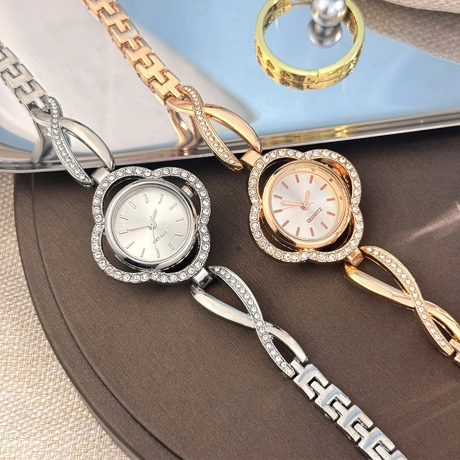 Легкий роскошный женский браслет с четырьмя листьями клевера, кварцевые часы с крестом, циферблат, кварцевые часы, ремешок из нержавеющей стали, браслет для наручных часов