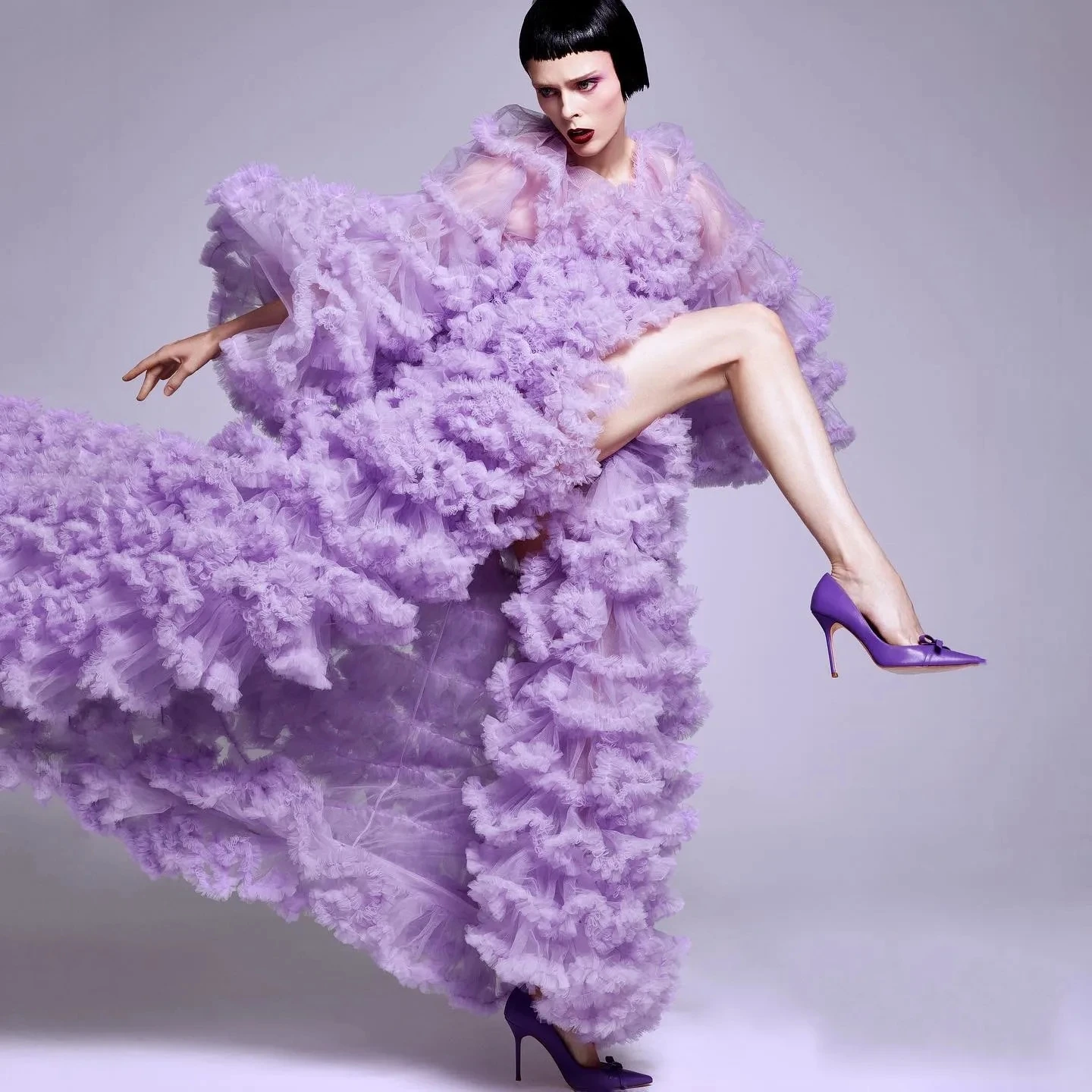 Abiti da ballo in tulle con volant color lavanda ad alta alta couture Abiti da festa lunghi trasparenti con maniche a sbuffo lussureggianti a strati trasparenti