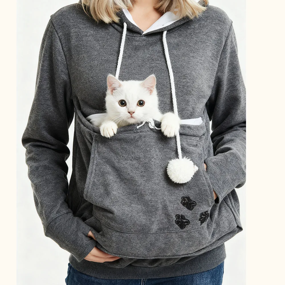 Women'S Autumn Winter Fleece Hoodie Korean Chic Streetwear Large Pocket Pet Holder Sweatshirt Warm Solid кофта