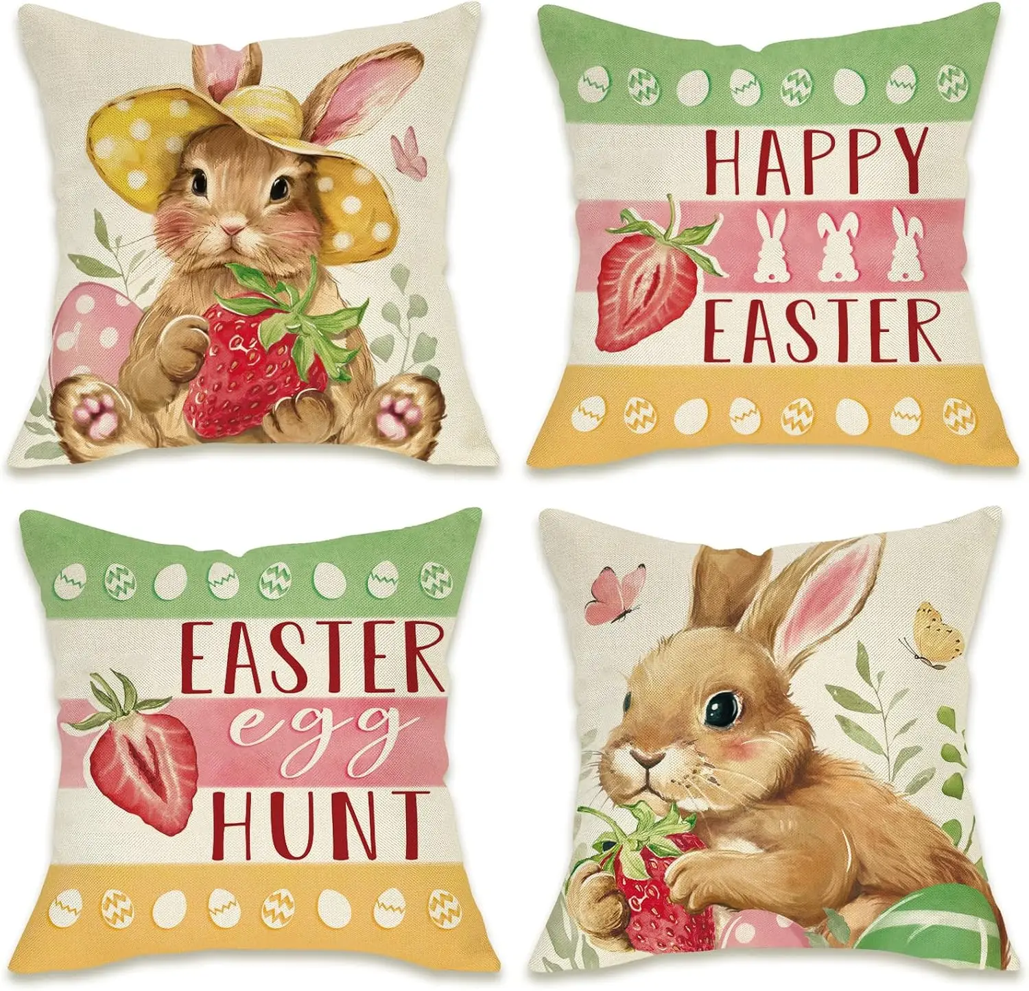 Happy Easter Bunny Decorative Throw Pillow Covers 18 x 18 Set of 4, Easter Egg Hunt Rabbit Porch Patio Outdoor Pillowcase