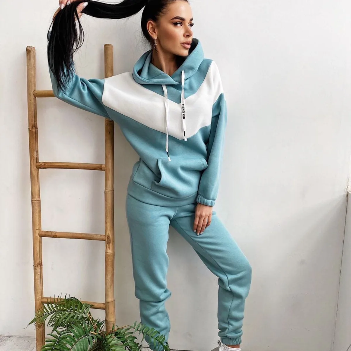 Fashion Color Matching Long Sleeved Hoodie Women\'s Suit Autumn Winter New Simple Pocket Hoodie Casual Sports Pants 2 Piece Set