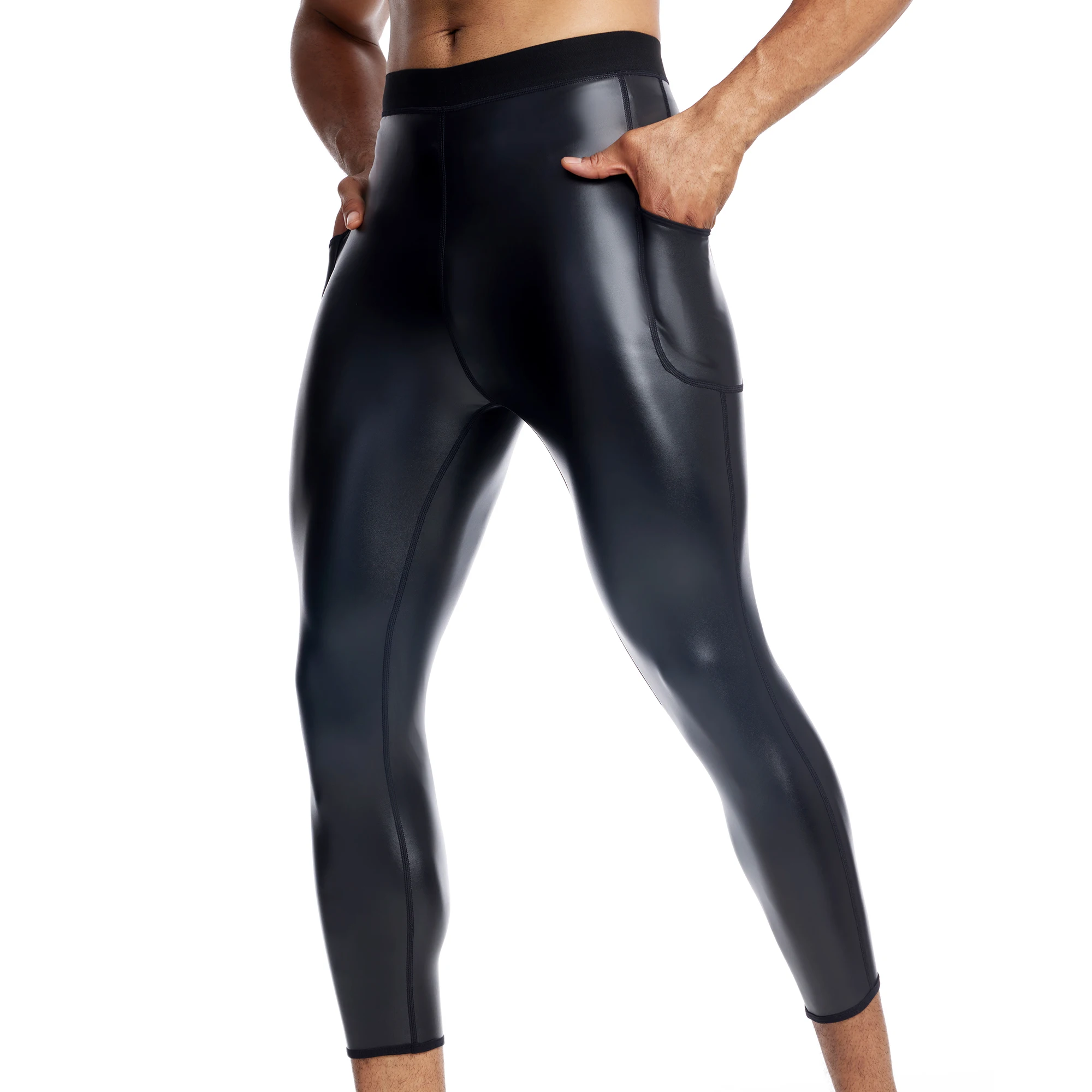 Men's Glossy Black Faux Leather Leggings Slim Fit Elastic Waistband Compression Pants Stretch Tight Trousers Casual Streetwear