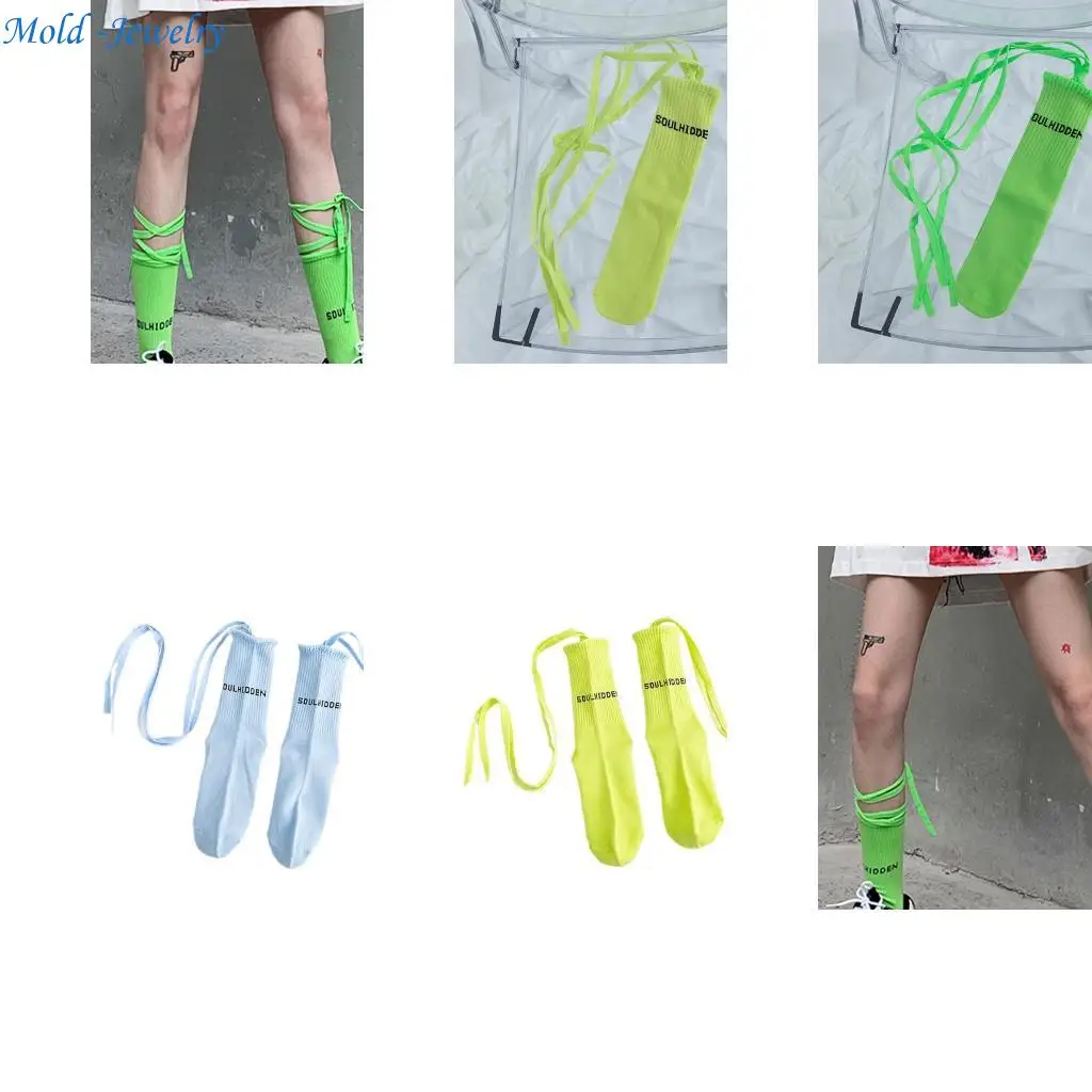 

69HB Fashionable Women's Fluorescent Middle Calf Socks with Bandage Design