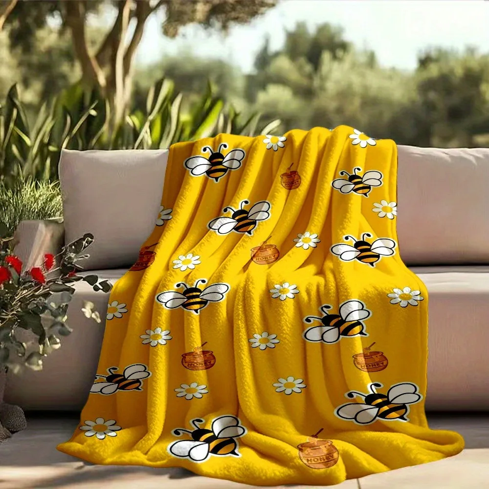 Bee & Honey Jar Flannel Blanket 2D Flat Print Cozy Essential Bedroom Couch Blanket Stylish Functional Warm Lively Spring-Themed