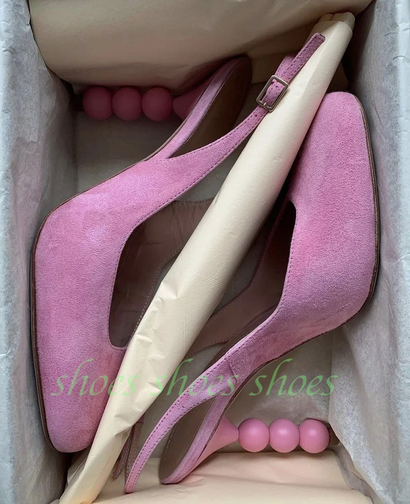 Pink Suede Slingback Pumps Women Square Toe Hollow Out Ball Heel Buckle Strap Dress Shoes Pink Suede Footwear Runway Size 34-46