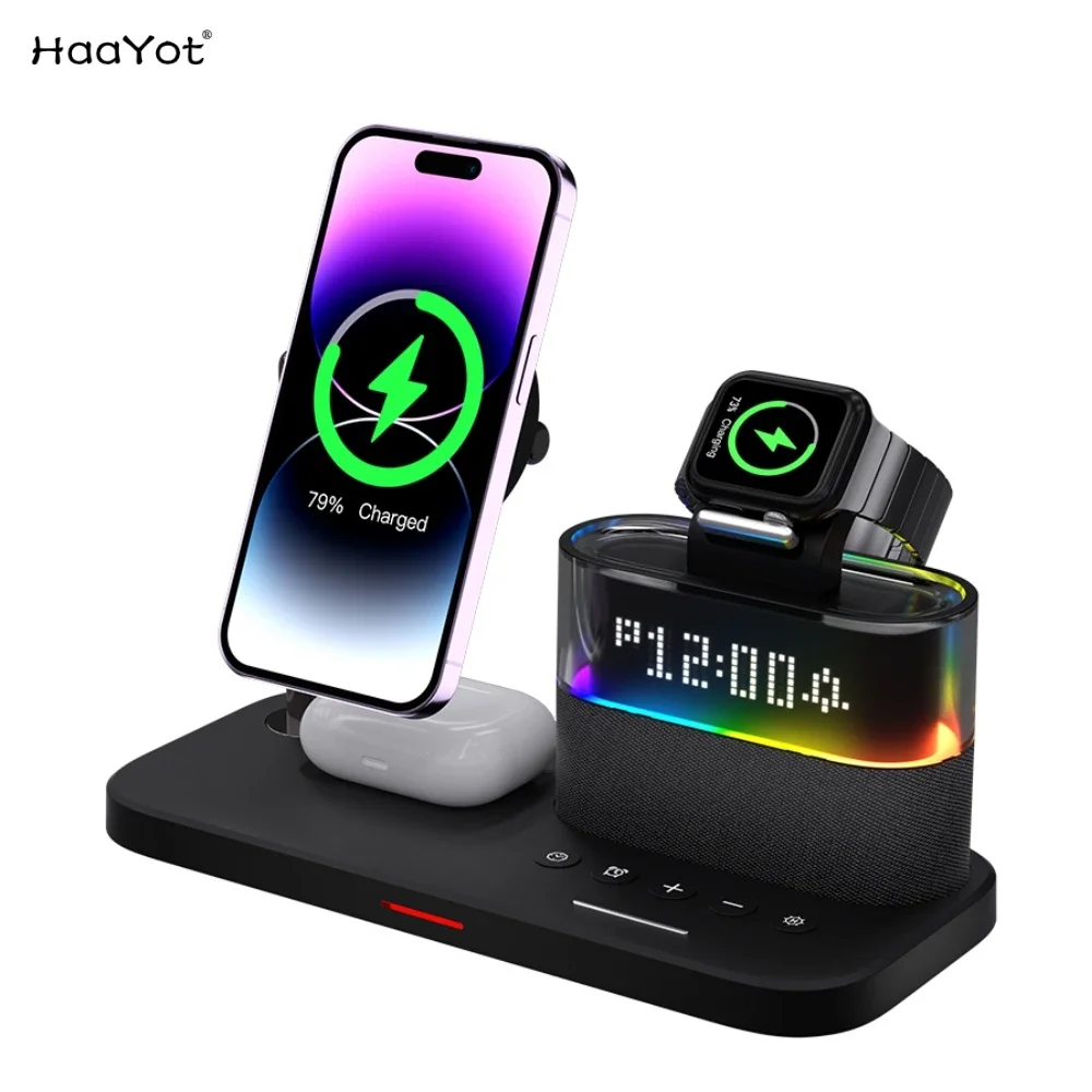 HaaYot 5 في 1 شاحن لاسلكي مغناطيسي محطة شحن سريعة حامل آيفون 17 16 برو ماكس iWatch/Airpods مع ضوء ليلي LED