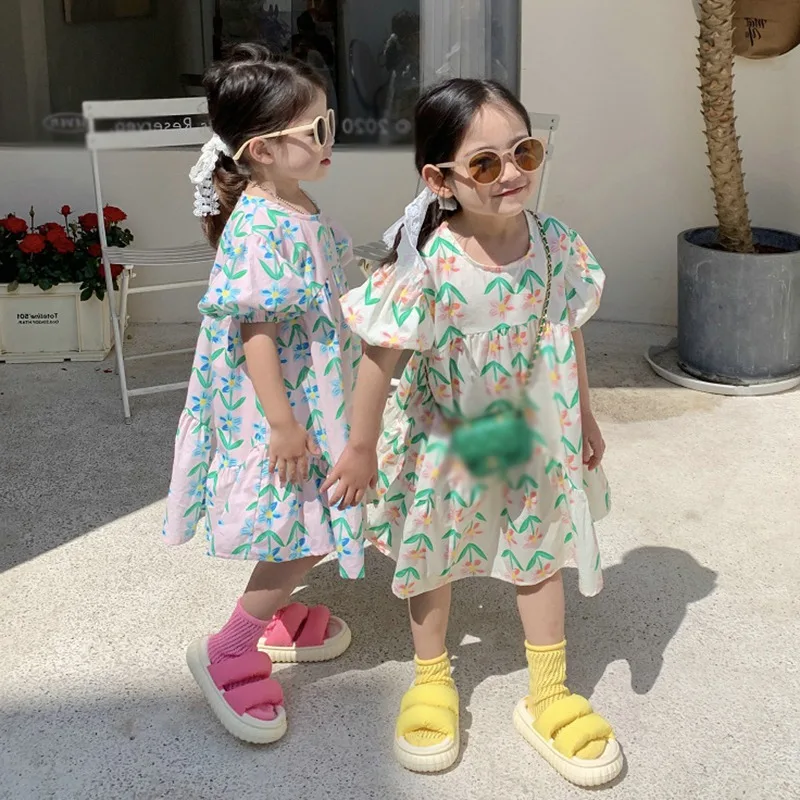 Summer Girls Dress Round Neck Puff Sleeve Floral Print Long Dress Children Casual Clothes Kids Sweet Princess Dress