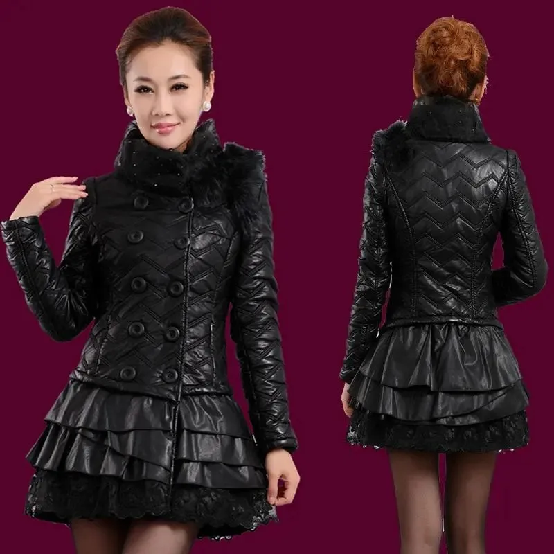 Pi Cotton-Padded Jacket Paikes Women Fox Fur Collar PU Leather Coat Fashion Autumn Winter Jacket Mid-Length Leather Cotton Coat