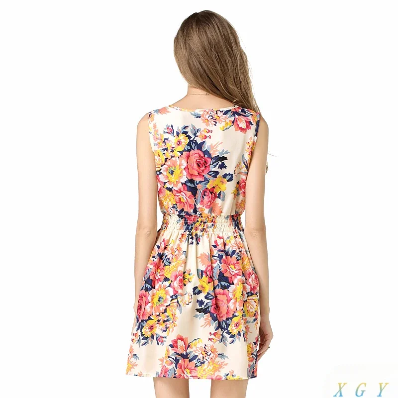 Casual flor primavera verão vestido feminino casual floral sem mangas colete impresso praia chiffon vestido roupas femininas moda vestido