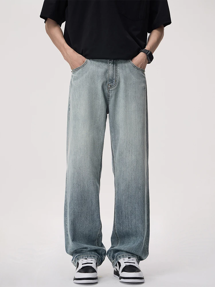 

KSTUN Wide Leg Jeans Men Gradient Washed Retro Blue Lyocell Jeans Stretchy Summer Loose Straight Streetwear Male Casual Trousers