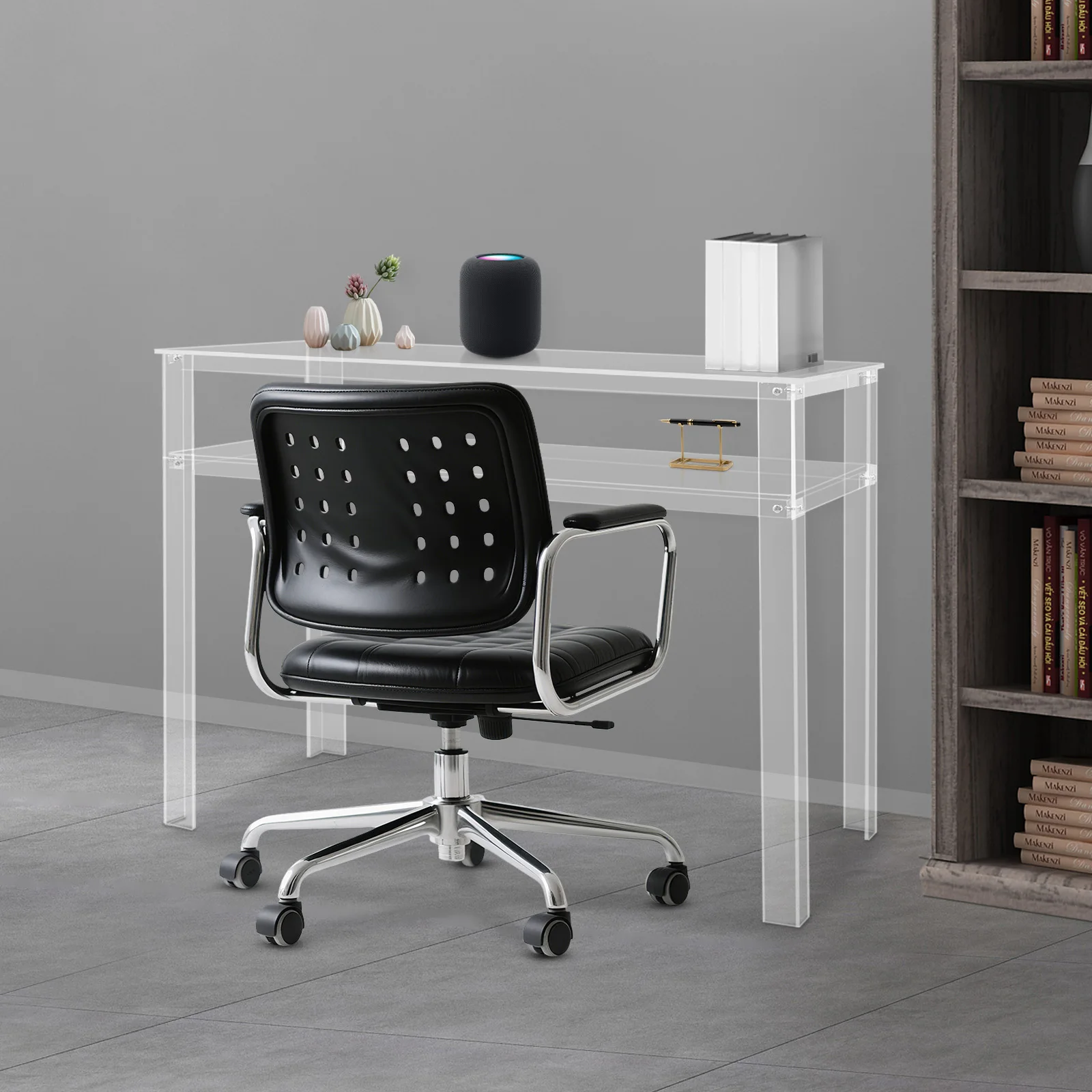 Moderner, transparenter, doppelschichtiger Bürotisch aus Acryl mit großer Arbeitsplatte und vorgebohrten Löchern für Schlafzimmer, Arbeitszimmer und Hotels – Detail 3
