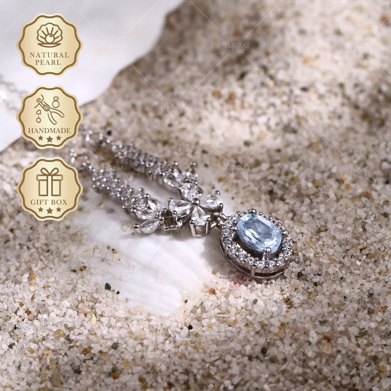 

Mysoya S925 Silvery Flower Necklace Sky Blue Topaz 4x6mm 0.63ct Gift Box Valentine’s Day Birthday Gift For Her