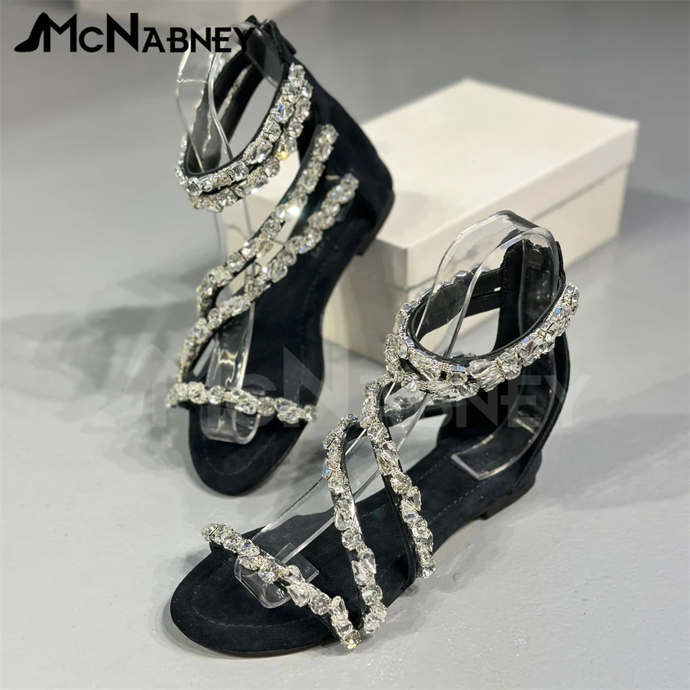 Black Crystal Rhinestone Sandals Suede Luxury Summer Flats Silver Rhinestone Zipper Sandals Custom Colors Round Toe Women Shoes