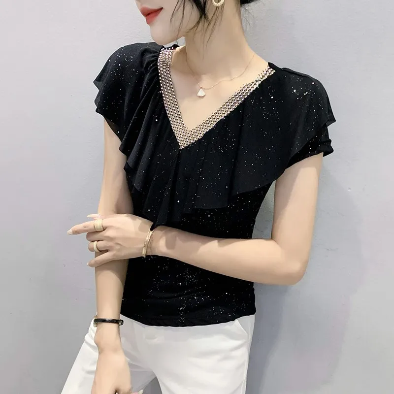 

Сексуальный летний топ с V-образным вырезом и оборками, модный, облегающий, универсальный, с кружевной отделкой