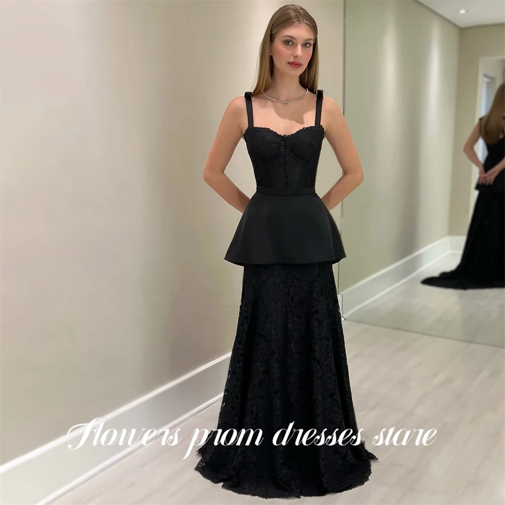 

Flowers Black Party Dress Sweetheart Spaghetti Strap Evening Dress A Line Lace فساتين السهرة Gala Dress Customized