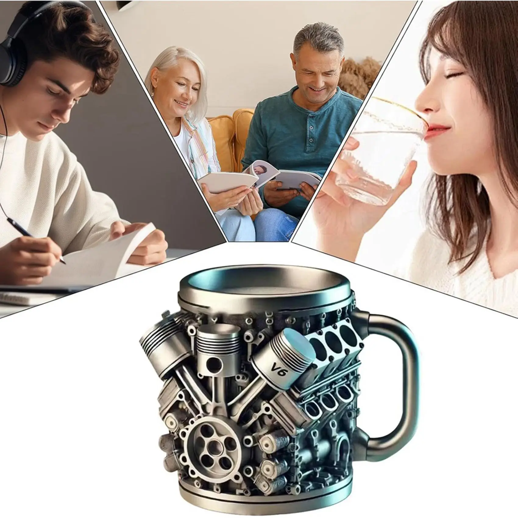 4X V6 Engines Stainless Steel Cup Coffee Mug, Car Engine Coffee Cup With Insulated Handle For Car Lovers Gift-B51B