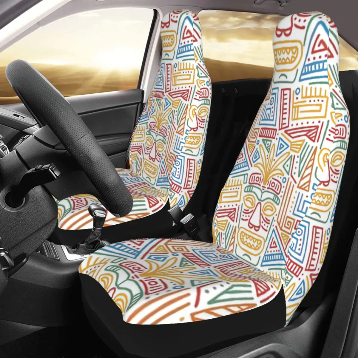 

Hawaiian Tropical Mask Car Seat Cover Custom Printing Universal Front Protector Accessories Cushion Set