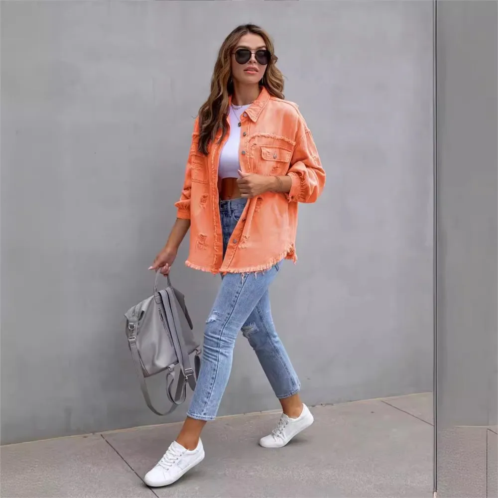 New Torn Denim Jacket Women Shirt Style Pockets Jeancoat Spring Autumn Female Top Casual Holiday Outerwear Lady Student Jacket