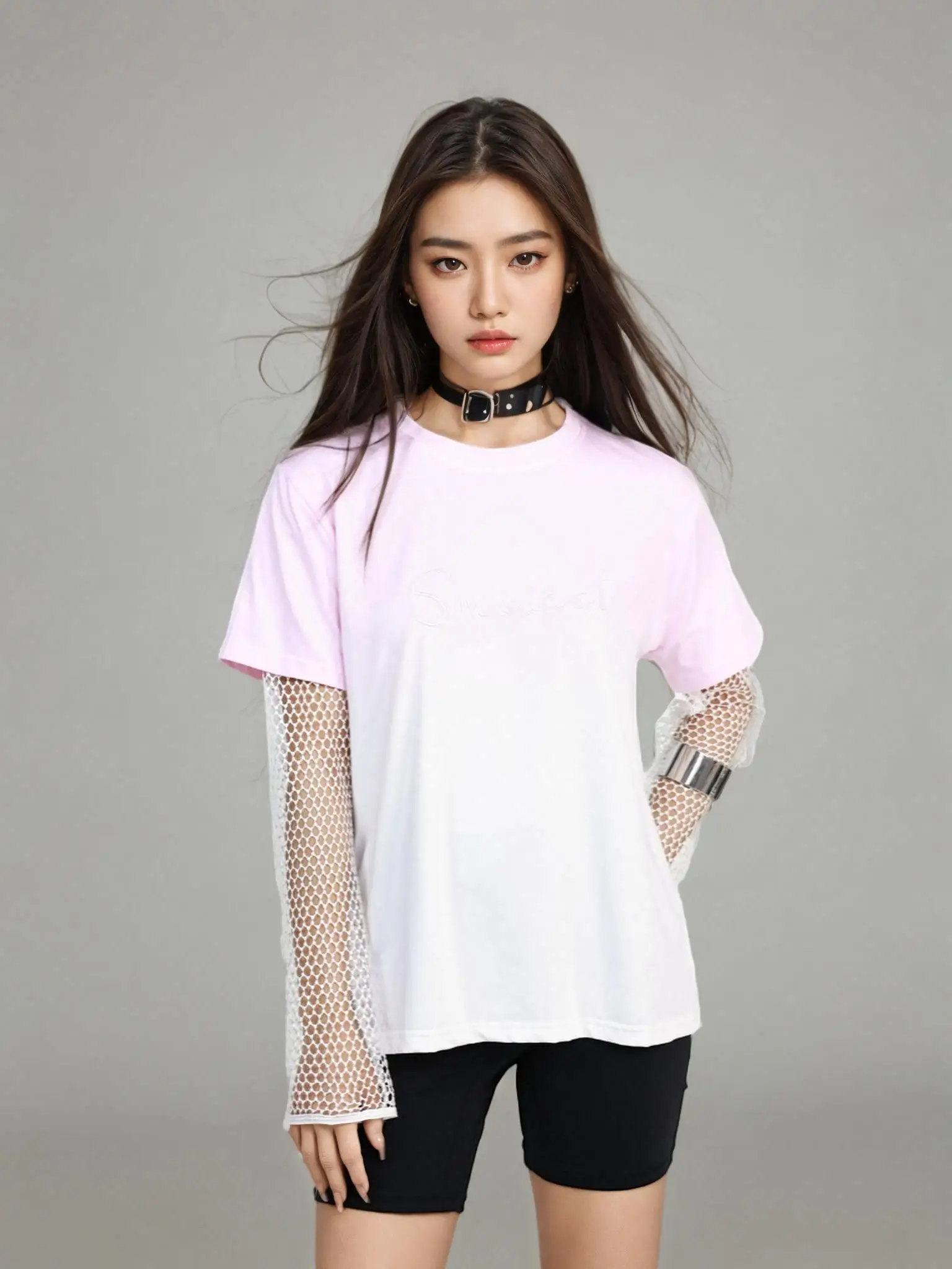 

Женская повседневная свободная футболка с круглым вырезом, летняя новинка, розово-белая, в стиле пэчворк, из смесового хлопка