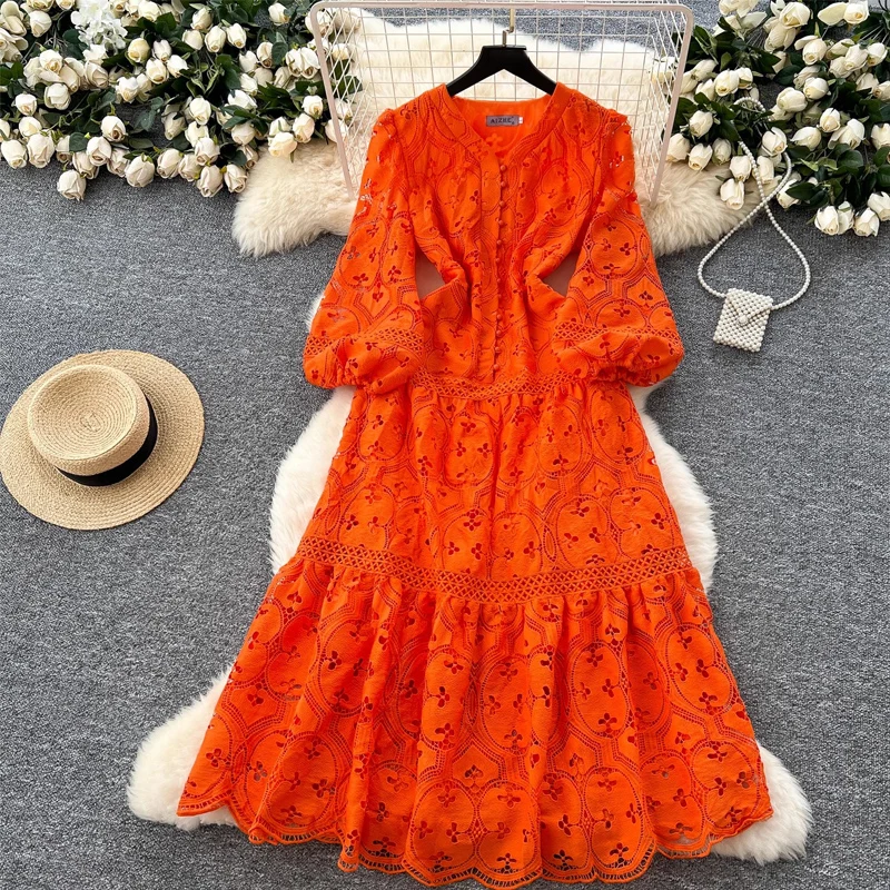 

Waist Slim Hollow Crochet Lace Ruffle Edge Dress