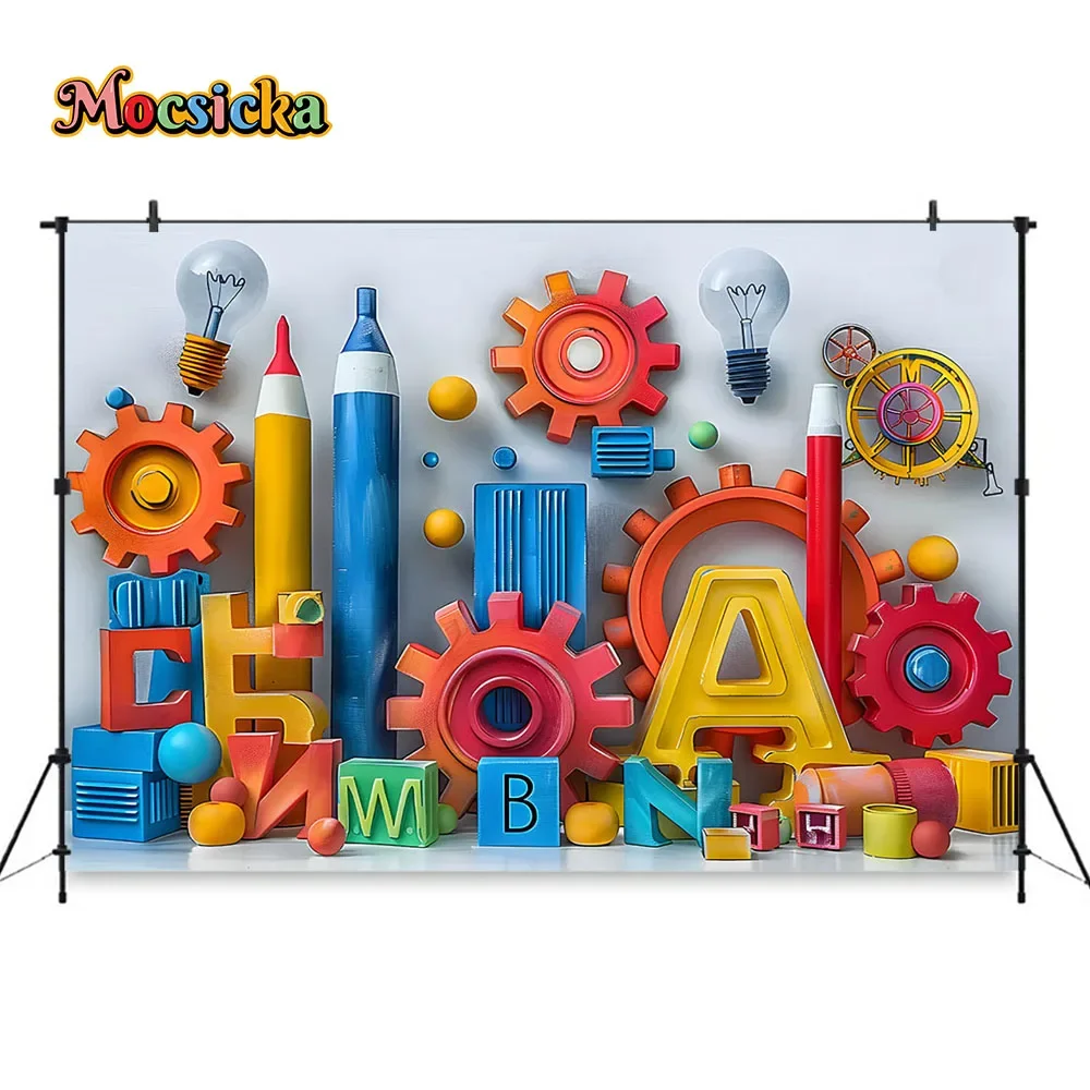 Back To School Party Background for Student Kids Photography Colorful Gear Pencil Backdrop Decor  Baby Cake Smash Photo Studio