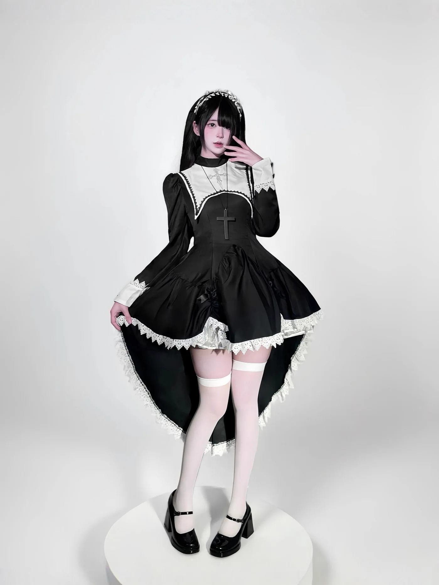 Gothic style dark embroidery cross Halloween nun costume cosplay carnival party stage play performance costume view 3