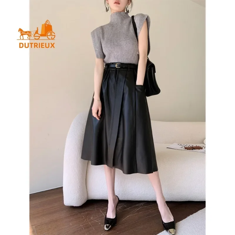 High-end 100% Sheepskin Skirt for Women, New Style Cowhide High Waist Mid-length Genuine Leather A-line Skirt for Work in Winter