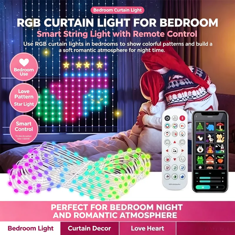 rgbストリングライト-カーテン型-スマートリモコン対応-音楽連動機能付き-屋内用-部屋の雰囲気を演出するライト-窓や寝室、壁の装飾、パーティーに最適
