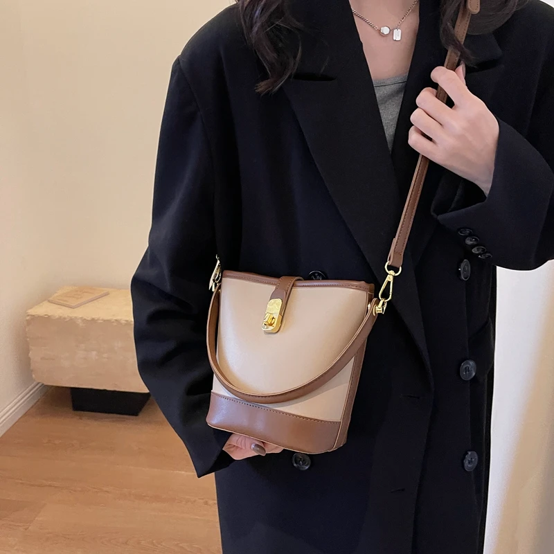 Korean Designer Bucket Bags for Women Fashion PU Leather Solid Color Crossbody Bag Female Elegant Aesthetic Shoulder Handbags