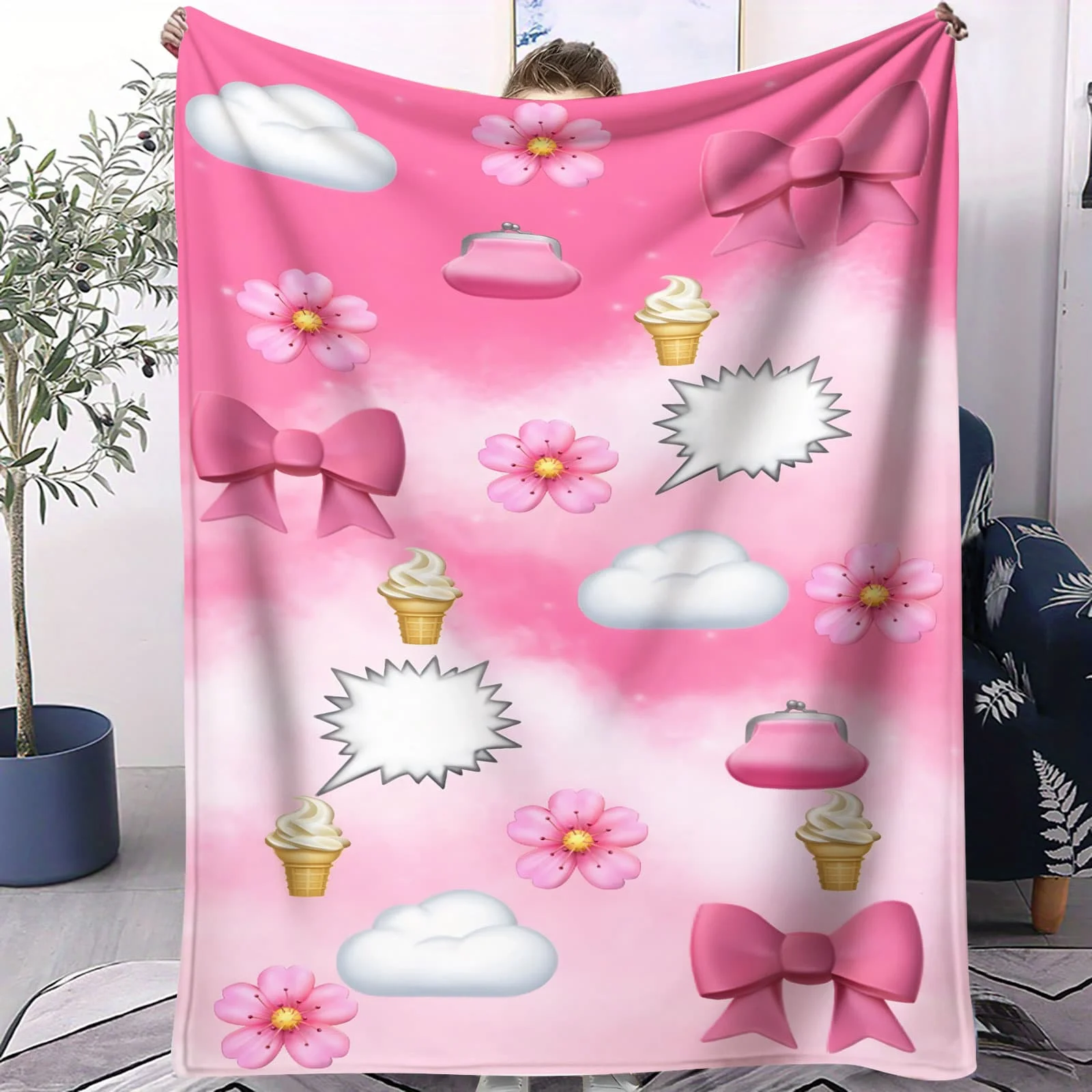 Coperta in pile floreale con fiocco a cuore rosa - Morbido motivo dolce per divano da camera da letto, angolo per ragazze, ideale per i fan dei bambini Kawaii