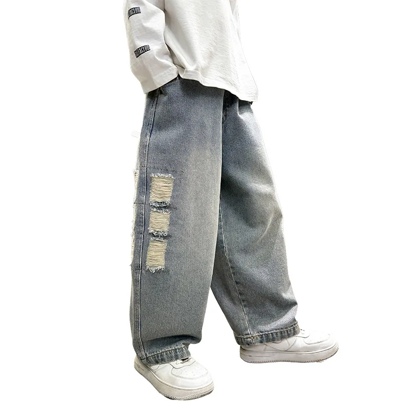نمط جديد الأطفال فضفاض مستقيم دمرت الجينز للمراهقين الصبي عادية ممزق الدينيم السراويل الكورية الاطفال موضة بنطلون سن 4-14Y