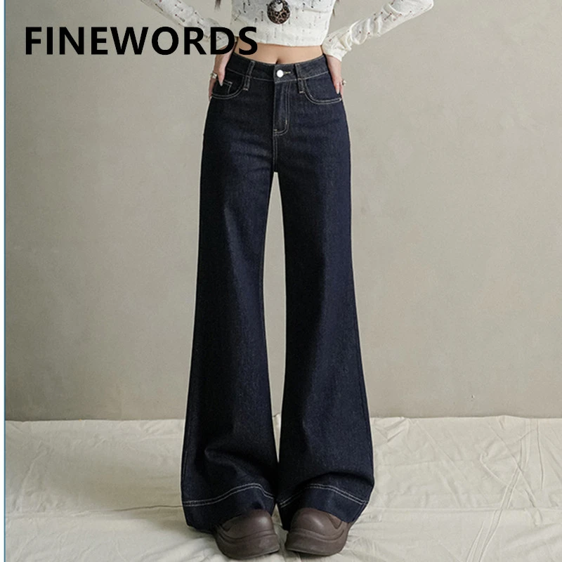 Damskie jeansy FINEWORDS z wysokim stanem, rozszerzane, szerokie nogawki, koreański styl casual, niebieskie jeansy bootcut, streetwear, Harajuku, dzwony.