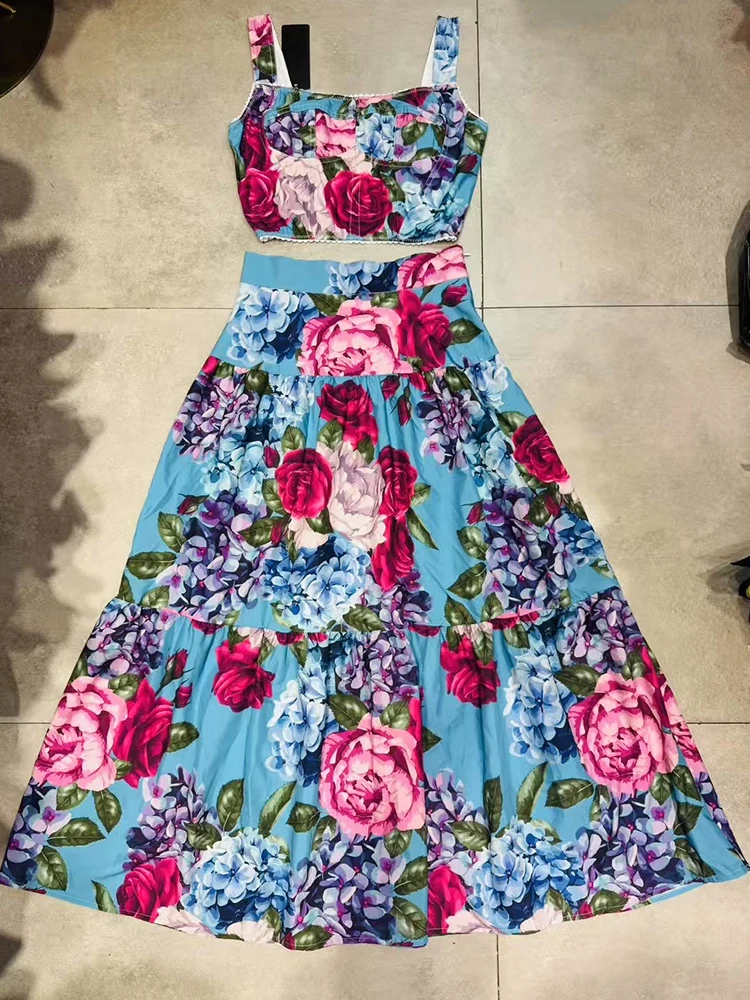 

Retro fashion corset waist sexy suspender top 2025 summer new female printing suit +A word big skirt temperament two-piece suit