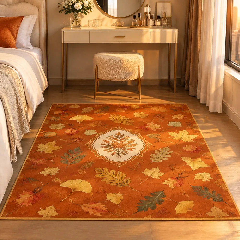 VIKAMA Rug Carpet Caramel Orange Maple Ginkgo Oak Leaf Scatter Plush Quick Dry Sofa Guest Room Sunroom Reading Nook Home Decor