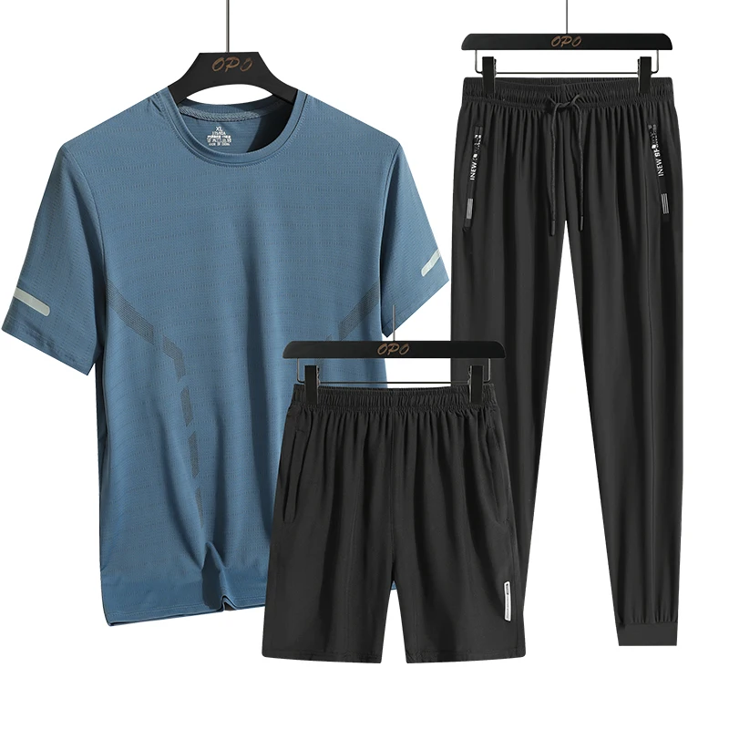 Men\'s Summer Simple Ice Silk Trendy Personalized Three piece Set with Round Neck T-shirt, Shorts, Pants, Loose Sports Set