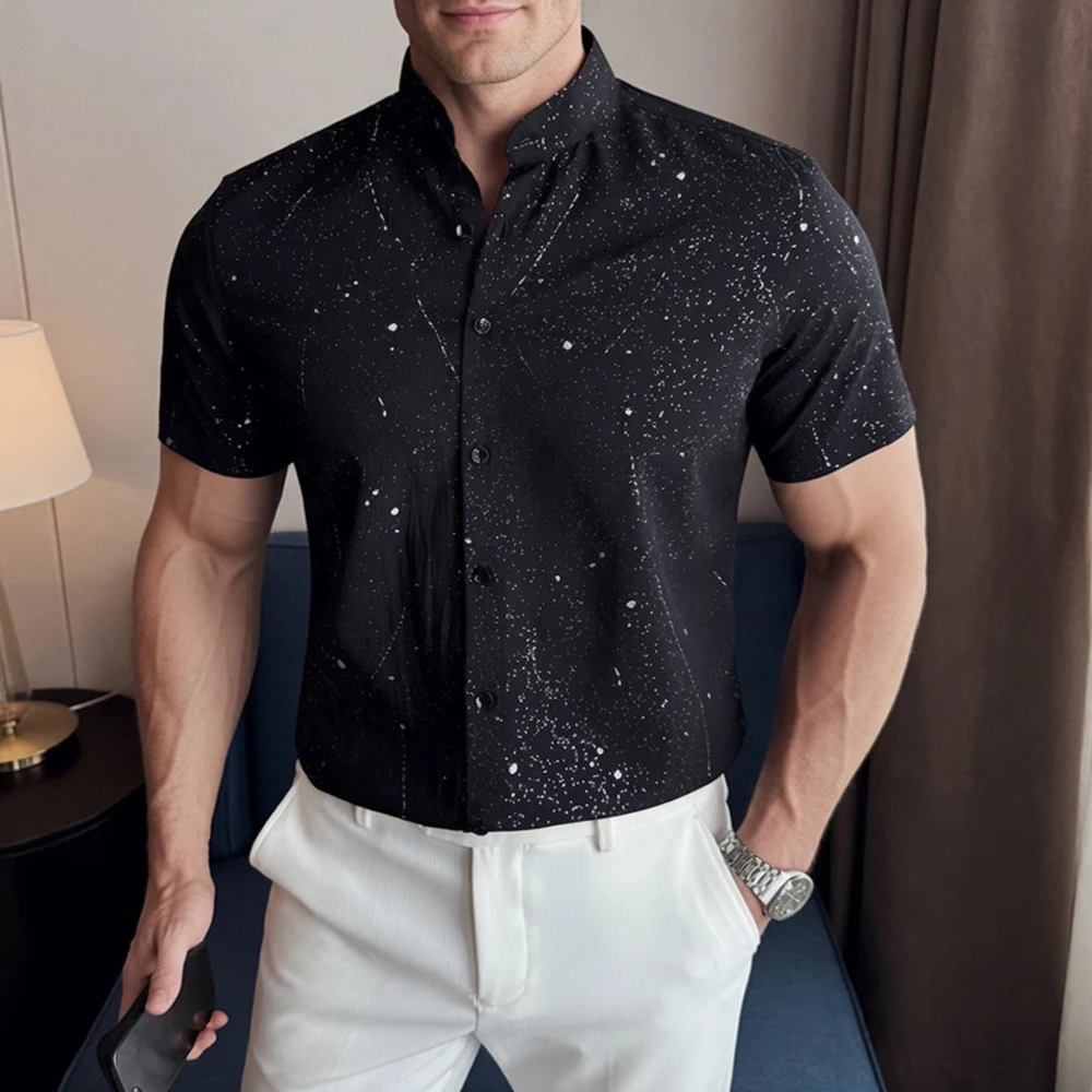 

Luxury Silver Polka Dot Men's Long-sleeved Shirts Retro Stand Collar Men Tuxedo Shirt Summer Trendy Mens Clothing Streetwear