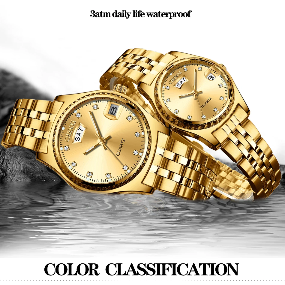 CHENXI Men Watches Luxury Golden Couple Quartz Watches Waterproof Calendar Week Design Analog Wristwatches Lovers Gifts