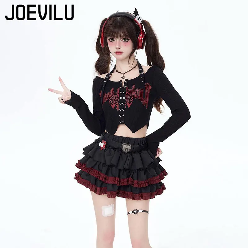 JOEVILU Punk Y2K Baddie Set Dark Slim-Fit Cake Skirt Edgy Halter Crop Tops Two Piece Sets Women's Korean Style Niche Outfit Suit