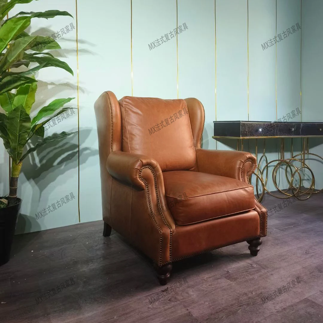 

American Classic Tiger Chair Vintage Waxed Leather Single Sofa Chair, Retro Cigar Room Whiskey Lounge Chair