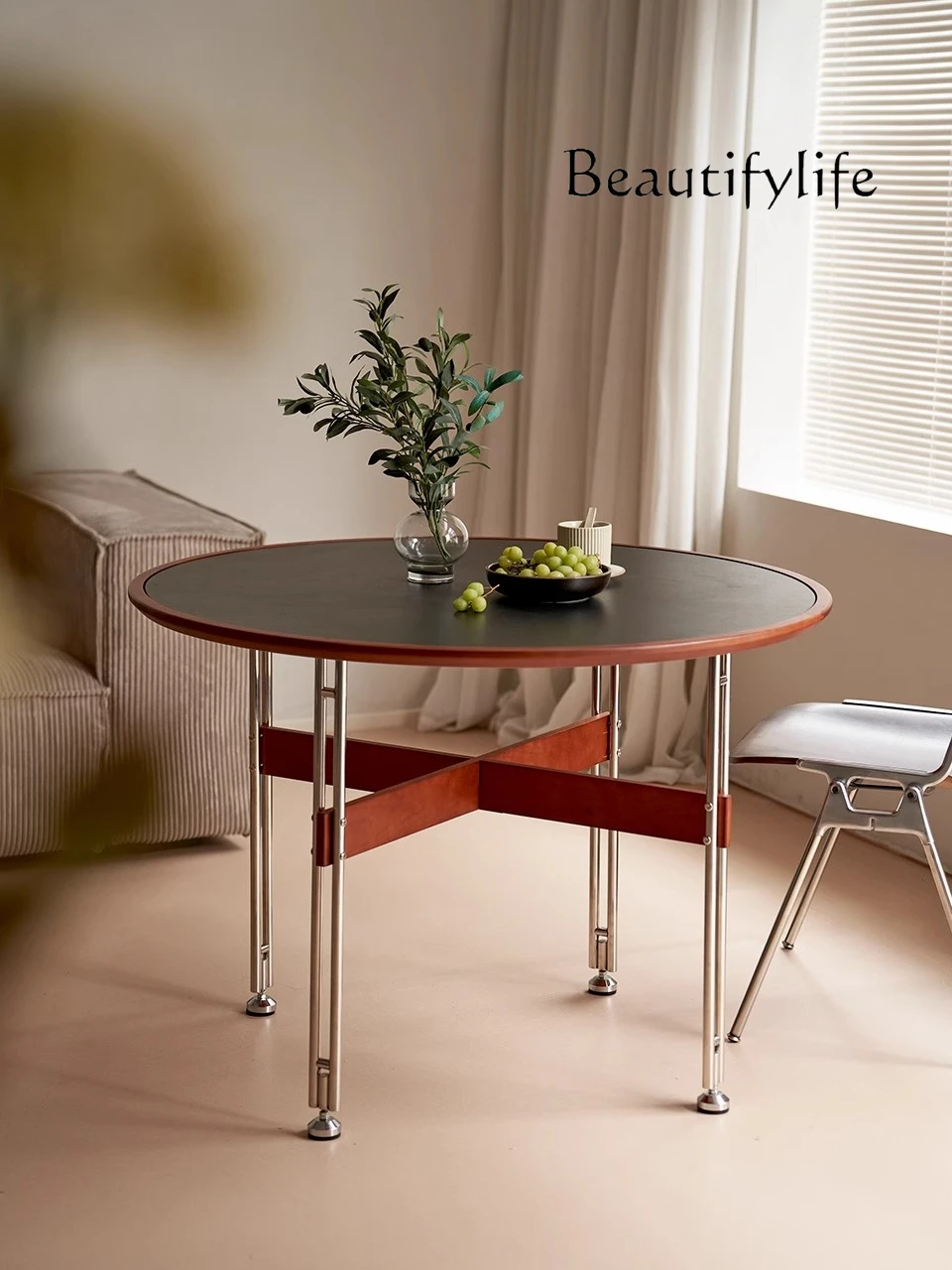 

Nordic modern rock slab round table medium ancient style simple retro cherry wood dining table small apartment table
