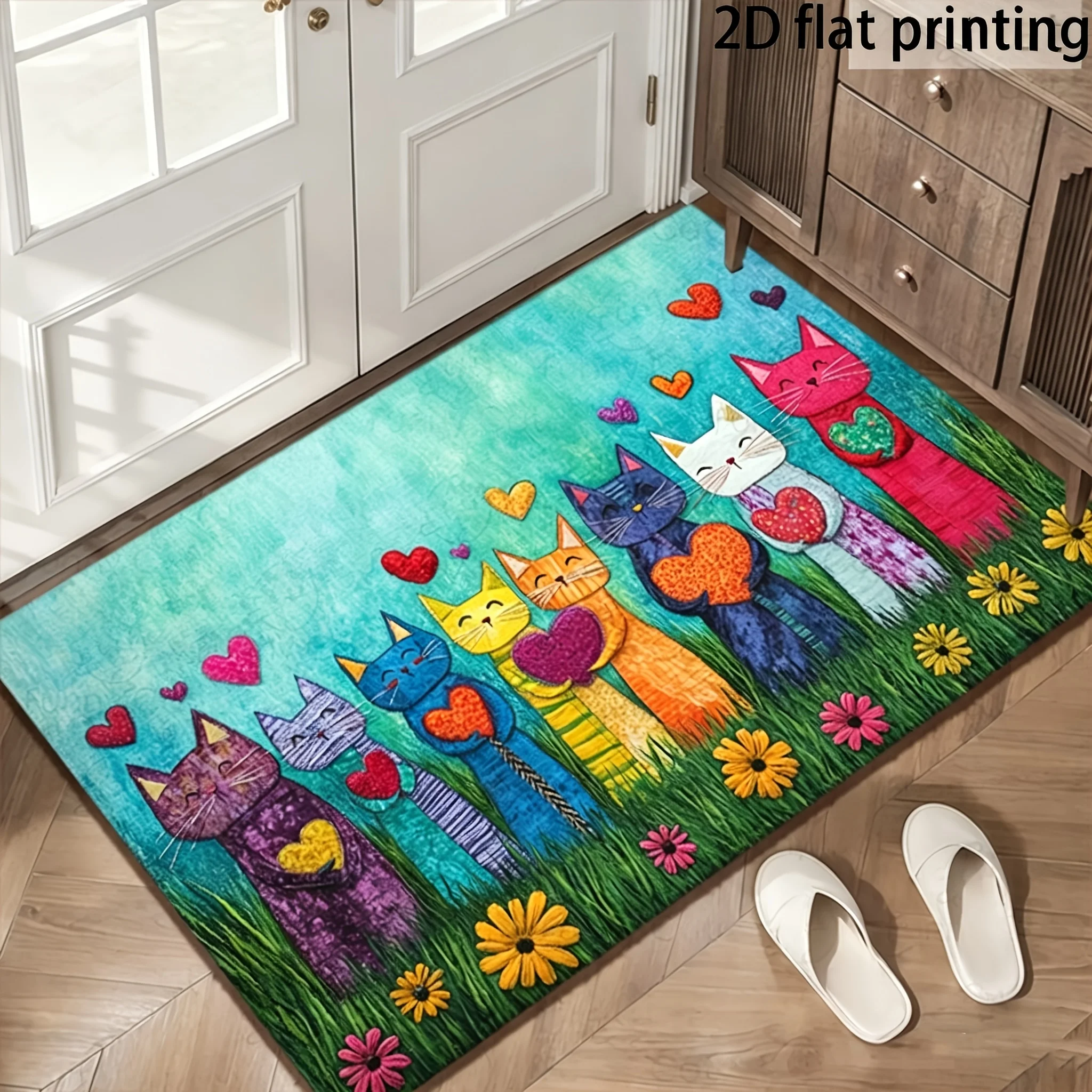 VIKAMA Bohemian Style Cat Doormat Seven Bright Kittens With Hearts Floral Lawn Design Wear‑resistant Easy‑clean Anti‑slip Mat
