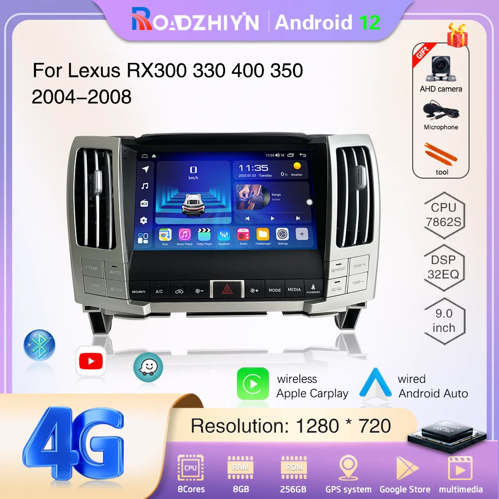 

Roadzhiyin 9.0 Car Multimedia Video Player For Lexus RX300 rx330 400 350 2004-2008 GPS Navigation Android12 Carplay 4G 360Camera