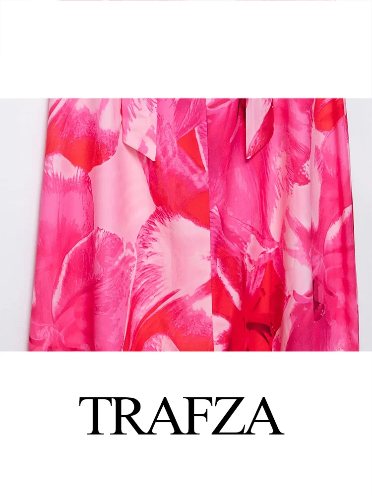 

TRAFZA Women's Summer Fashion V-neck Floral Printed Midi Dress Female Elegant Sexy Backless With Scarf Lace-up Casual Long Dress