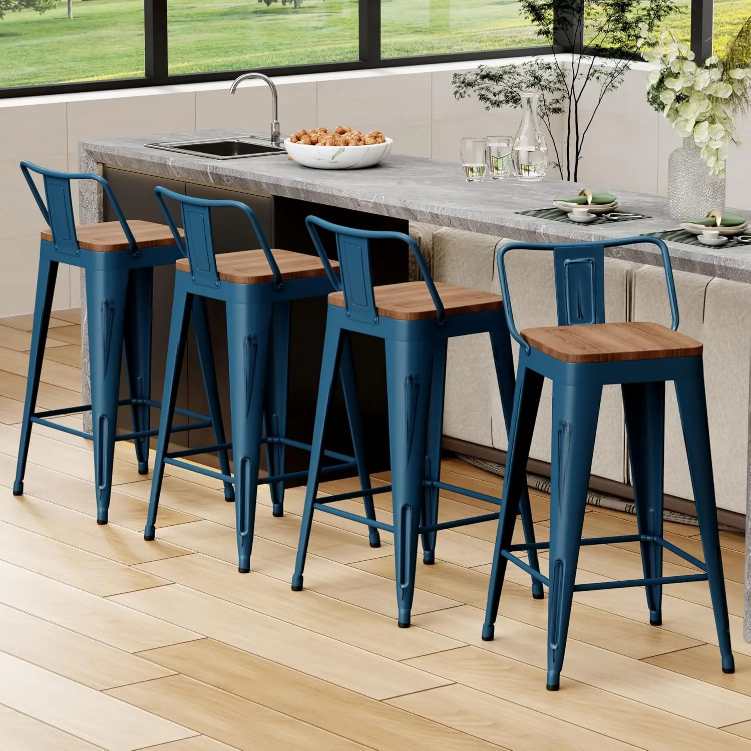 24" Metal Bar Stools Set of 4 Counter Height Barstools, Industrial Counter Stool Kitchen Bar Chairs with Modern Wooden Seat, Dis