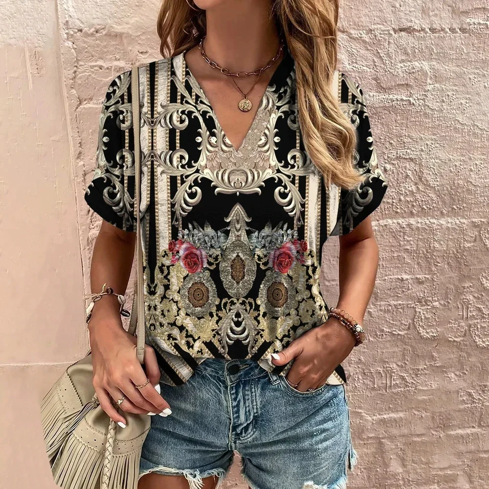 Damska koszulka letnia z etnicznym nadrukiem, plus size, z krótkim rękawem, modna koszulka z dekoltem w serek, codzienna koszulka Harajuku dla kobiet, streetwear