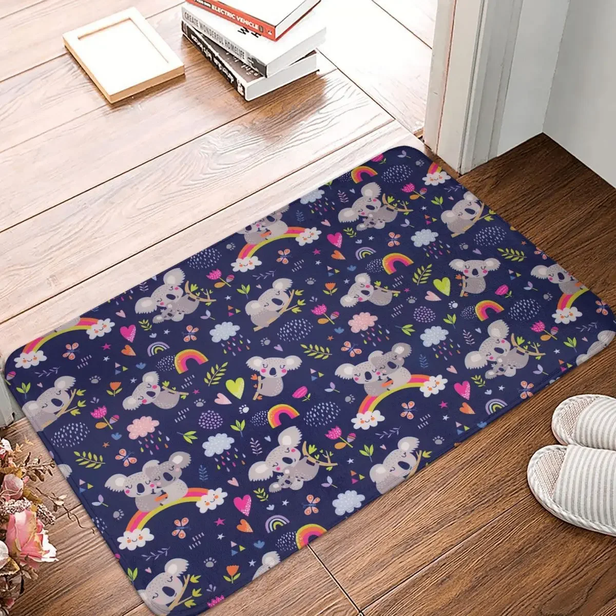 Non-slip Doormat Cute Koala With Flower Carpet Living Room Bedroom Mat Outdoor Flannel Decorative