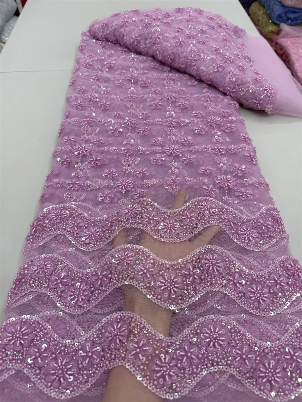 African Nigeria High-Quality Sequins Embroidery Tulle Lace Fabric 2025Guipure Dress Beads Stone 5 Yards for Wedding Party JY404