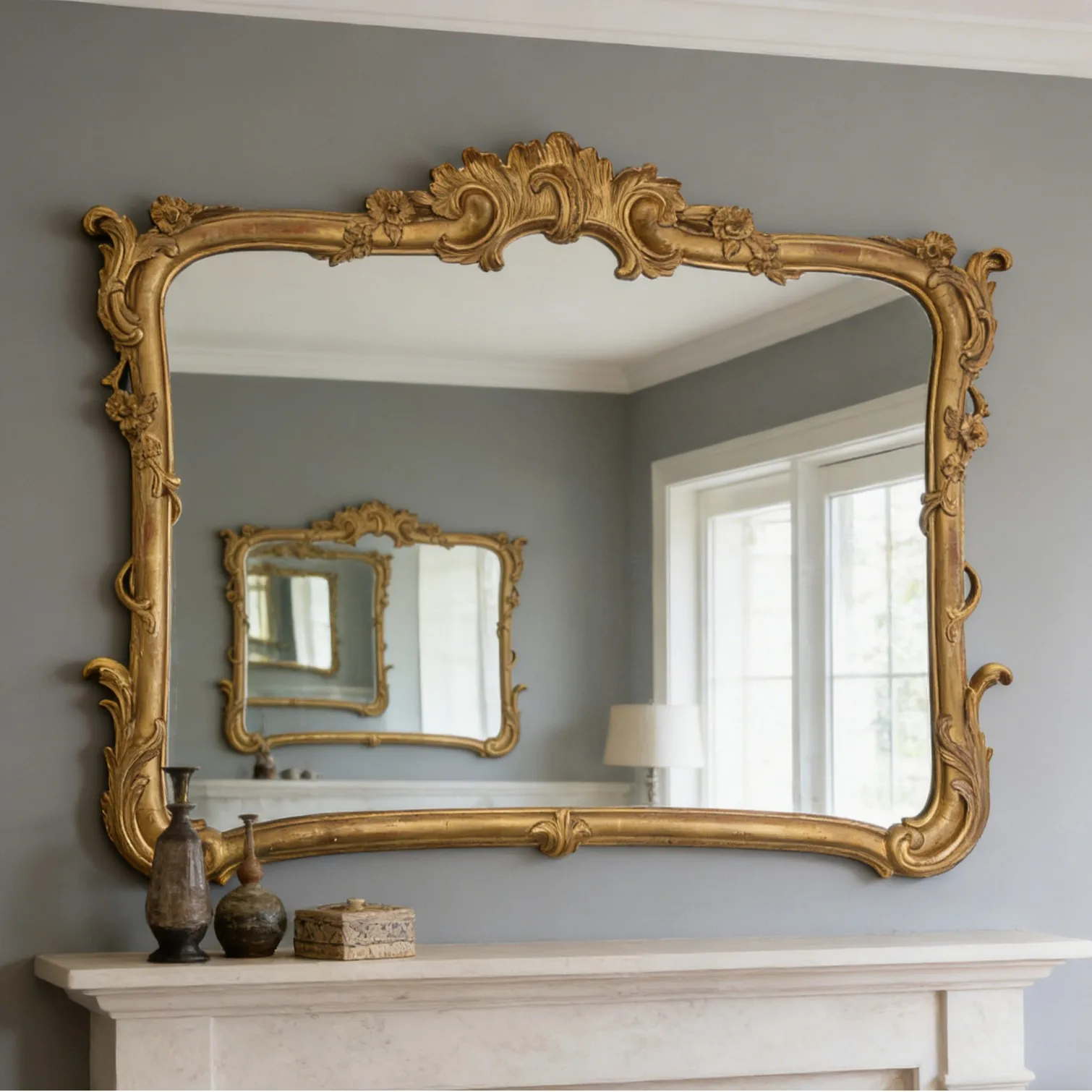French Rococo gilt fireplace wall hanging mirror retro old carved decorative  porch light luxury makeup