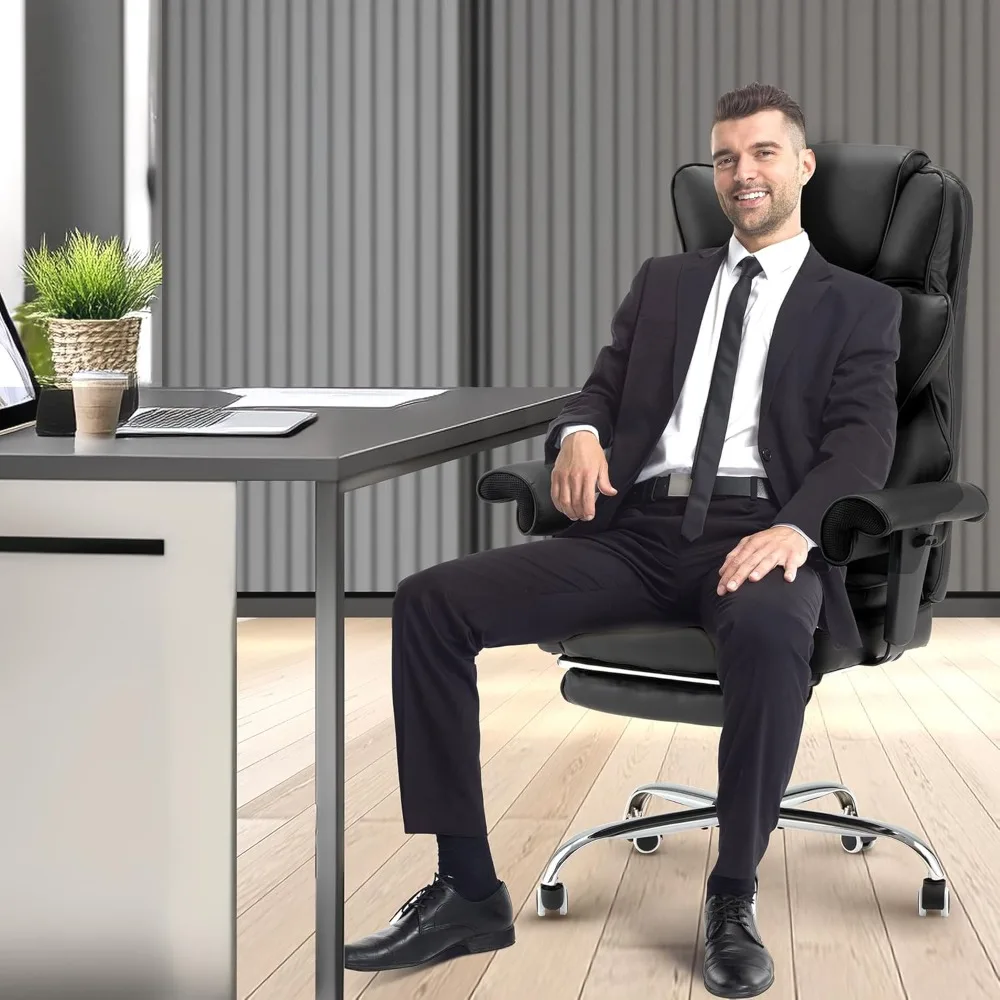 Ergonomic Home Office Desk Chair with Retractable Footrest and Reclining Function,Leather Computer Chair with Adjustable Armrest